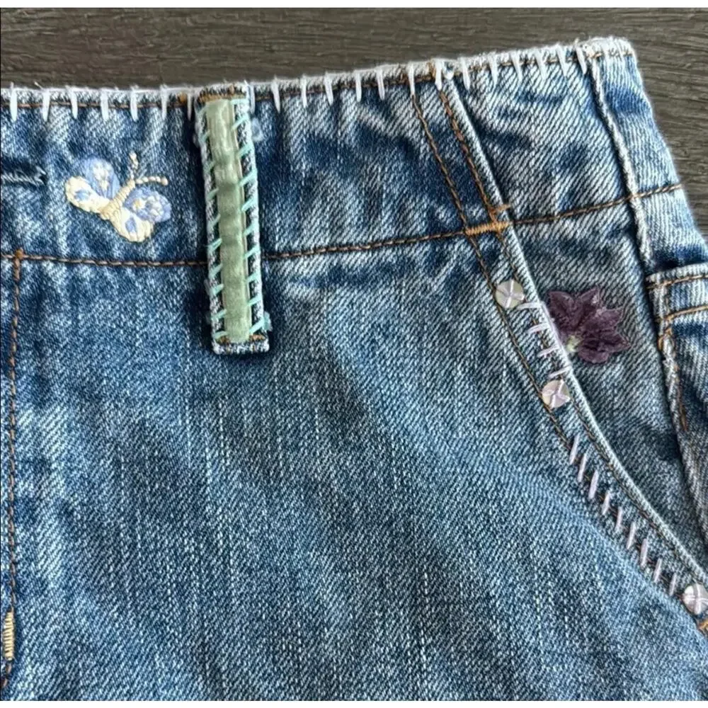 Y2k Gap Jean Skirt 6 Midi Embroidered Butterflies Patches Boho Festival Whimsy - Picture 14 of 16